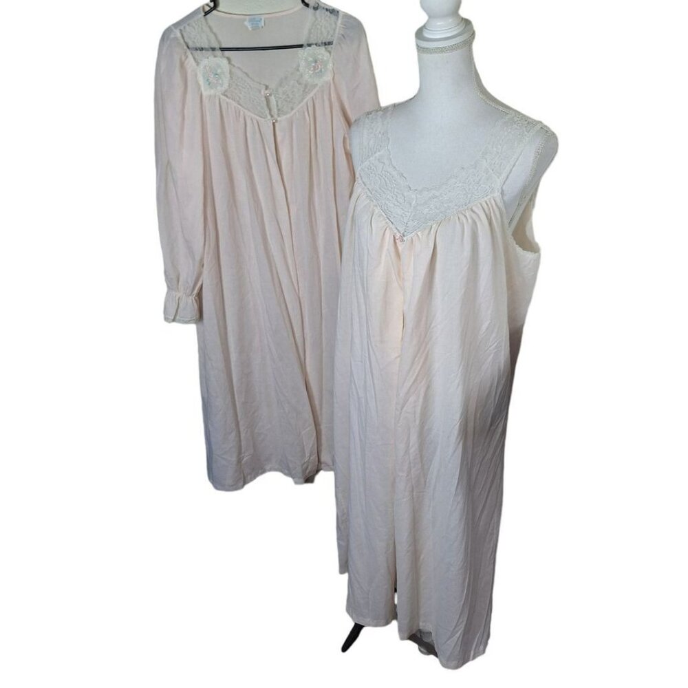 Soft Moments Night Gown Pajama Set Peach Lace Two Piece Embroidered Over Shirt M